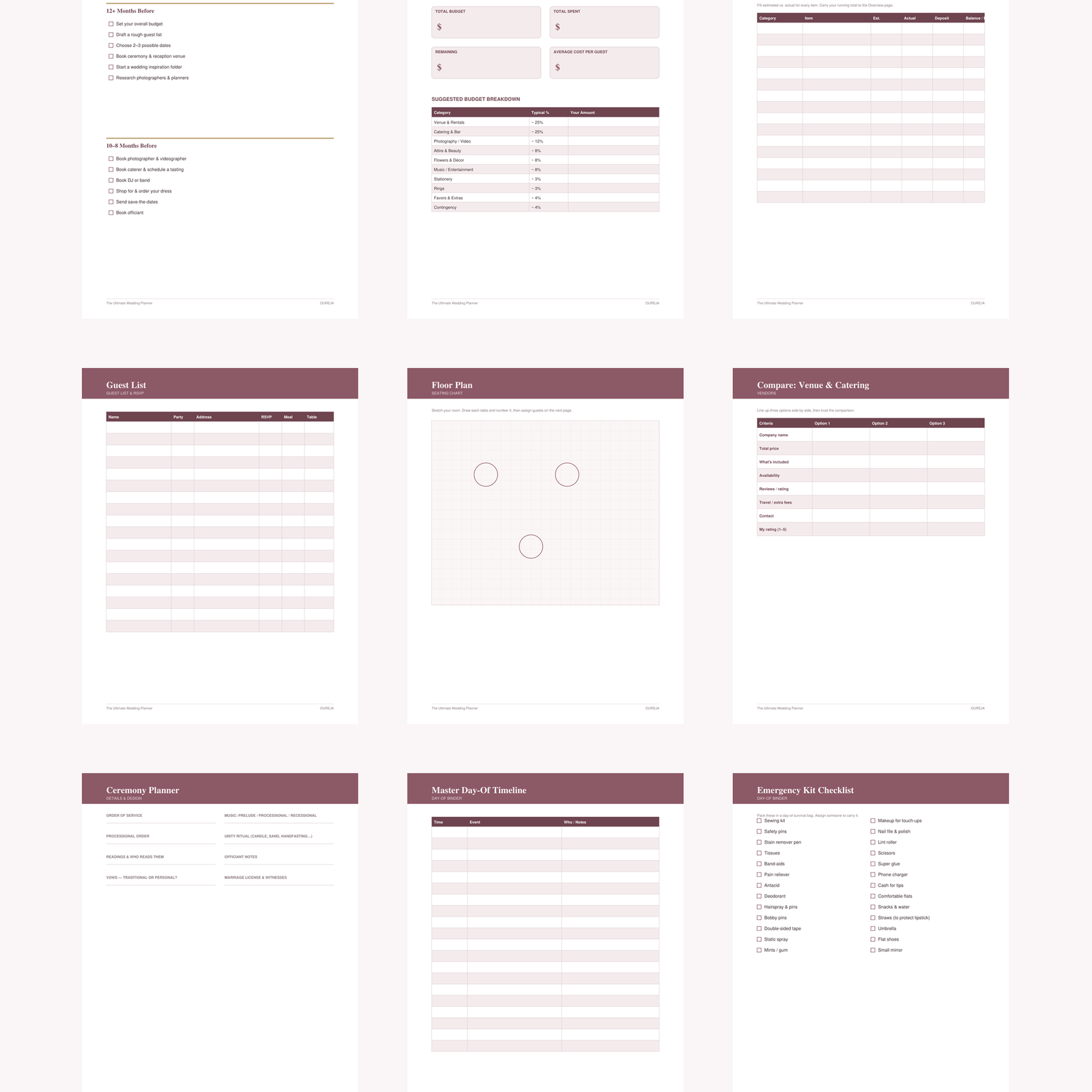 Nine interior pages including timeline, budget, guests, seating, vendors and day-of