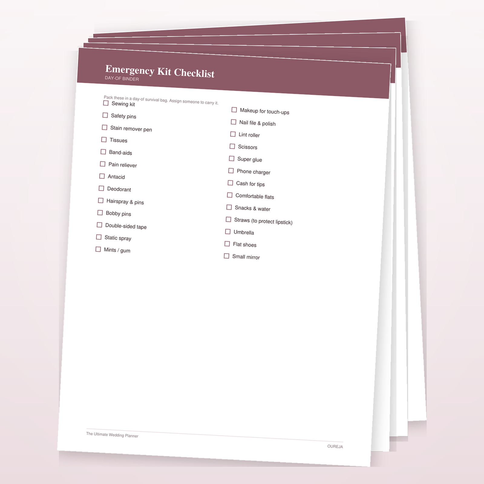 Printed planner pages including the emergency kit checklist