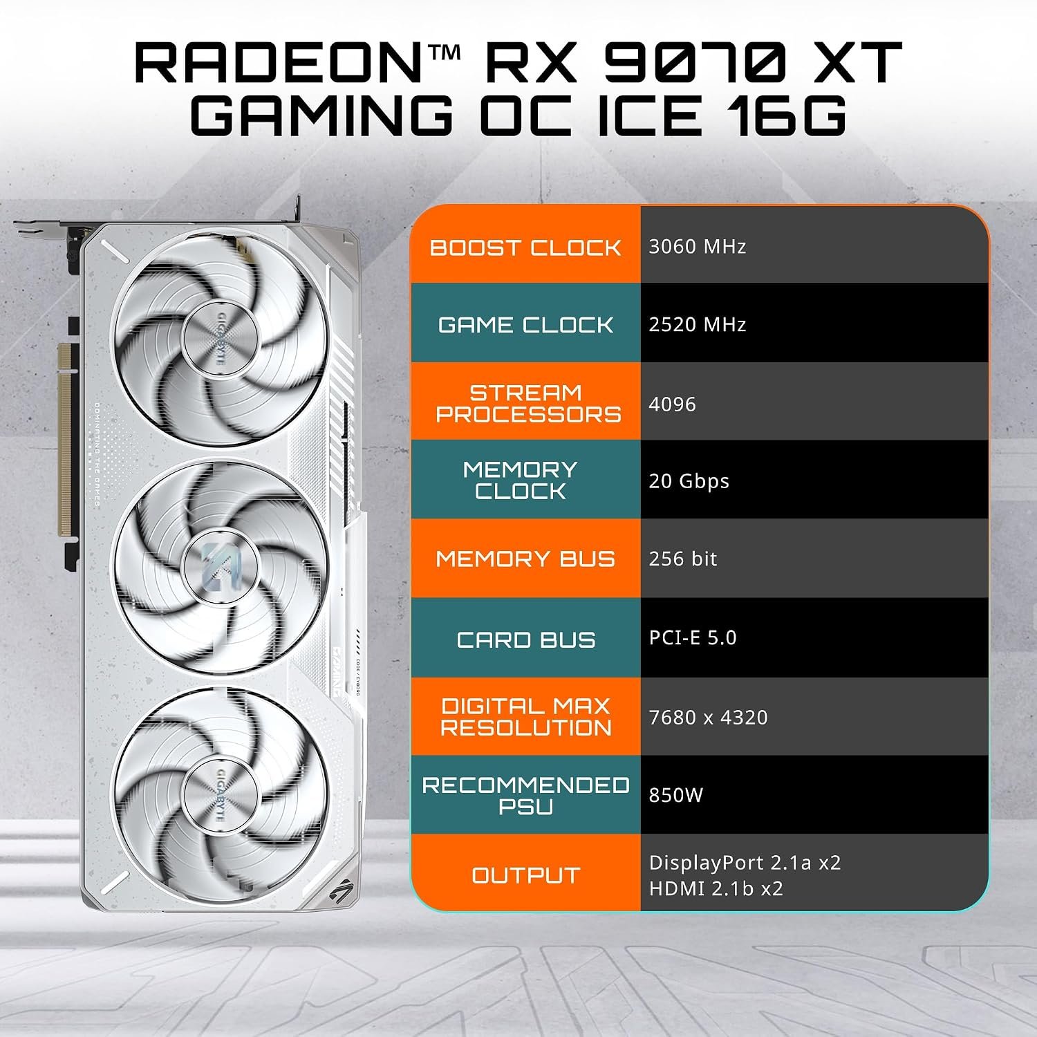 GIGABYTE Radeon RX 9070 XT Gaming OC ICE 16G 16GB GDDR6 Graphics Card - view 2