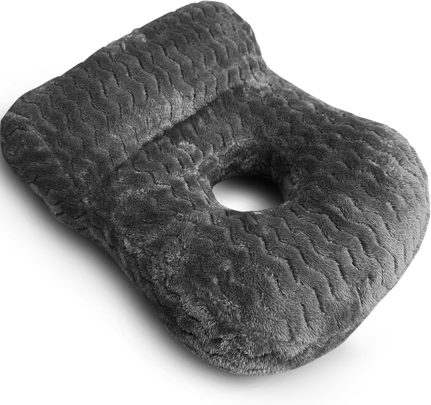 Grey plush ear-hole pillow with a round centre opening for side sleepers