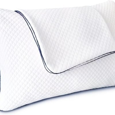 A white contoured pillow with a diamond-quilted texture and dark blue piping along the edges, shown on a plain white background.