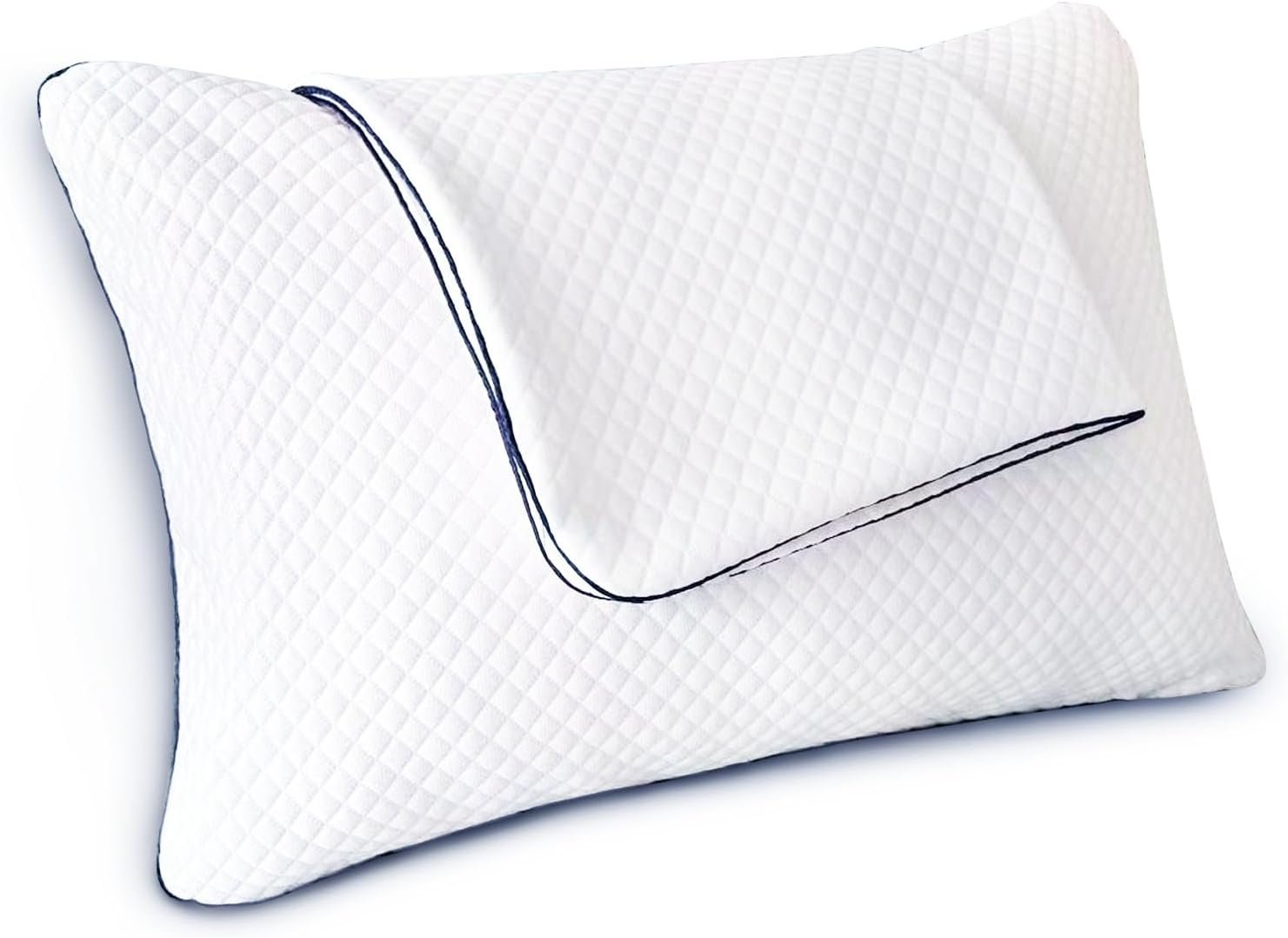 White quilted pillow protector with a zip closure and navy piping