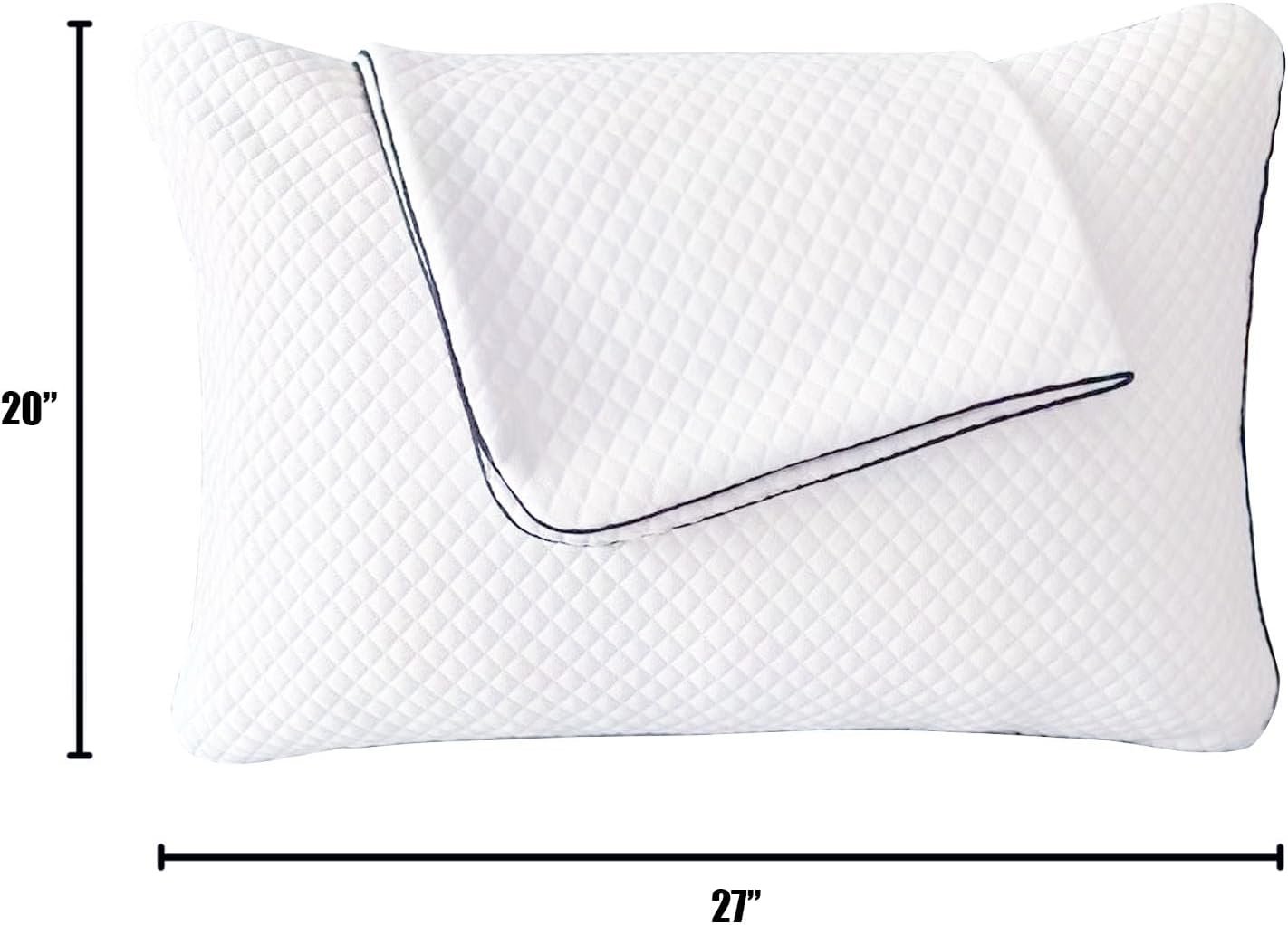 White contoured pillow with a diamond quilted texture and black piping, shown with dimension lines indicating 20 inches in height and 27 inches in width.