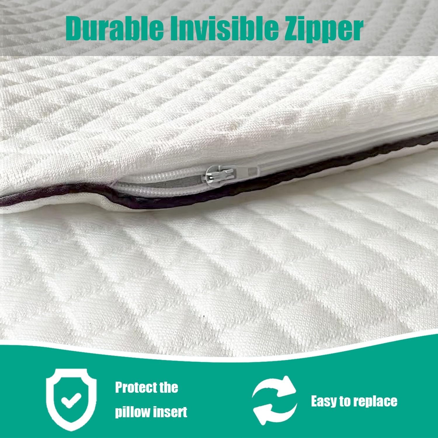 Close-up of the white quilted pillow protector's low-profile zipper, with on-image text reading 'Durable Invisible Zipper'.