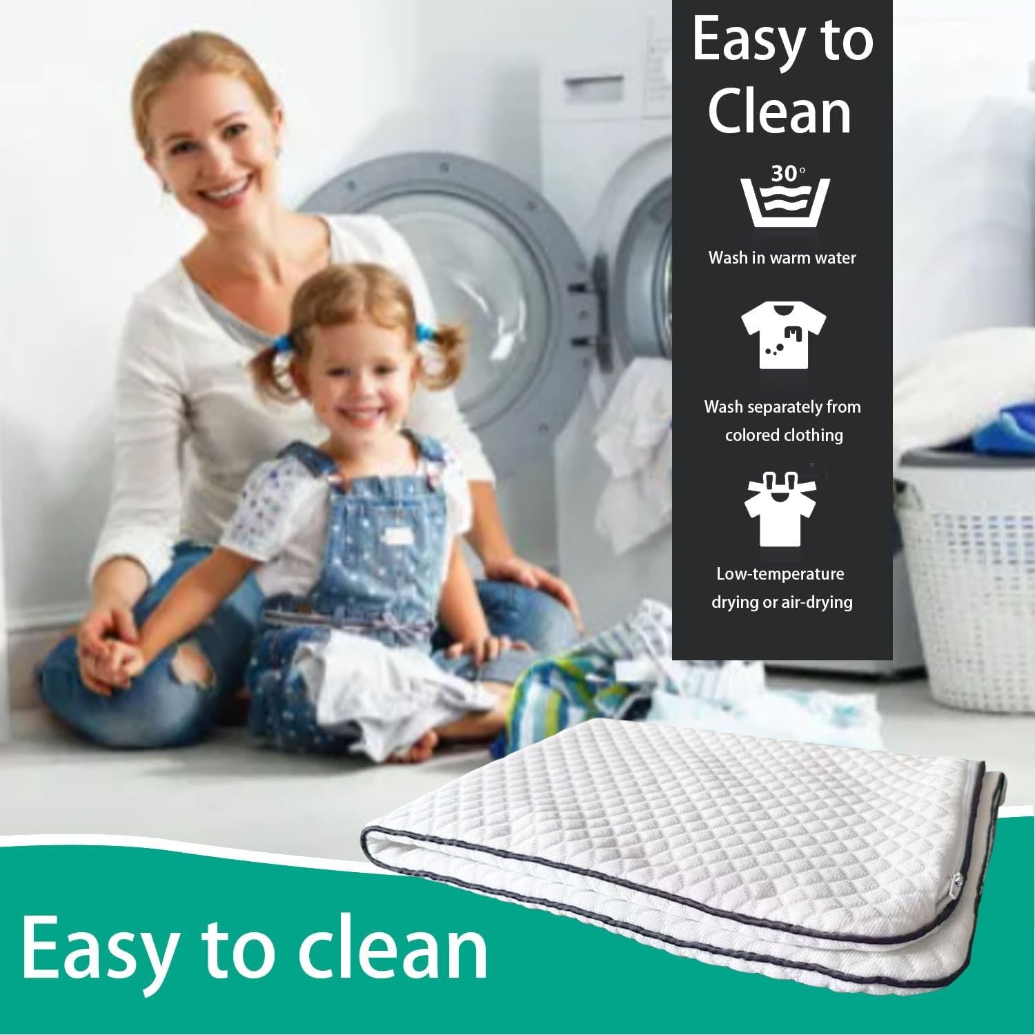 The white quilted pillow protector with a dark grey border, shown with laundry-care icons and on-image text reading 'Easy to Clean'.